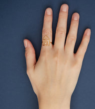 Load image into Gallery viewer, House shaped gold ring with small diamond on woman's hand