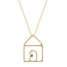 Load image into Gallery viewer, Gold chain necklace with house shaped pendant and small emerald