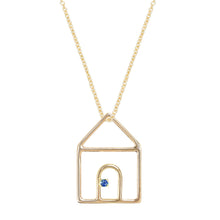 Load image into Gallery viewer, Gold chain necklace with house shaped pendant and small blue sapphire