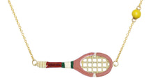 Load image into Gallery viewer, Gold chain necklace with gold tennis racquet and ball shaped pendants in pink and yellow enamel