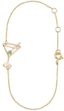 Load image into Gallery viewer, Gold chain bracelet with martini drink shaped pendant and small emerald