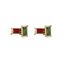 Load image into Gallery viewer, Gold earrings pair with baguette cut garnet and green tourmaline