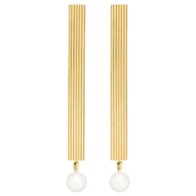 Load image into Gallery viewer, Gold earrings with a long bar and round pearls