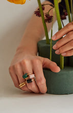 Load image into Gallery viewer, Hands wearing gold rings with cylinder cut malachite stones