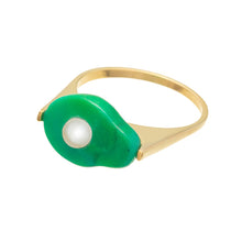 Load image into Gallery viewer, Gold ring with avocado shaped oxidized turquoise and pearl