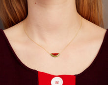 Load image into Gallery viewer, Woman wearing a gold chain necklace with a watermelon slice in red coral and oxidized turquoise