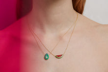 Load image into Gallery viewer, Woman wearing a gold chain necklace with a watermelon slice in red coral and a necklaces with avocado in green turquoise