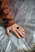 Load image into Gallery viewer, Gold ring with black agate and malachite stones worn by model
