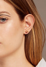 Load image into Gallery viewer, Gold single earring with baguette cut citrine and pink tourmaline worn by woman
