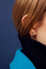 Load image into Gallery viewer, Woman wearing a dragonfly shaped gold earring with blue sapphire and green enamel
